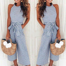 Vrouwen Gestreepte Taille Gordel Wijde Pijpen Jumpsuit